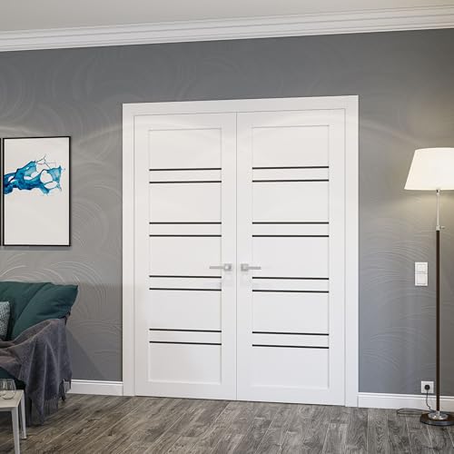 Image of Sartodoors Interior Door 1094 Slab White with Black Opaque Glass Solid MDF Modern Design 42 x 96 in