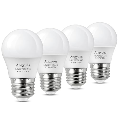 Angyues Low wattage Light Bulbs 1.5W LED Bulb Equivalent 15W20W Light Bulbs, 120v A15 Warm White 2700K Energy Saving Home Light Bulb E26 Base Ceiling Fan Bulbs, Non-Dimmable 4Pack