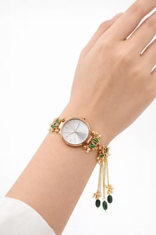 Image of Women's Rose Gold Bracelet Watch with Green Enamel Floral Charm, Pearl Accents, Tassel Chain