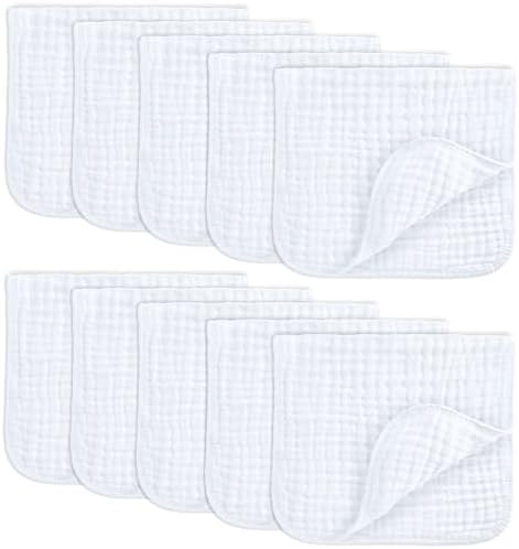 Comfy Cubs Muslin Burp Cloths 20" x 10", Pack of 10 - Large, 6-Layer, Ultra Absorbent 100% Cotton for Baby Drool and Messes - Soft, Safe & Gentle Baby Burp Cloths for Boys & Girls - White