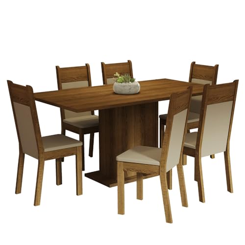 Image of Madesa 6 Seater Dining Set with Cushioned Seats Rectangular Table Top Sturdy Wooden 160 Cm for Dining Room and Kitchen - Brown /Beige