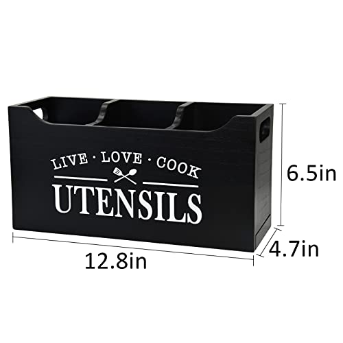 Karisky Kitchen Utensil Holder with Drainage Base, Spacious 3 Compartment Solid Real Wood Organiser for Kitchen Counter, Rustic Cooking Tools Storage - Image 4