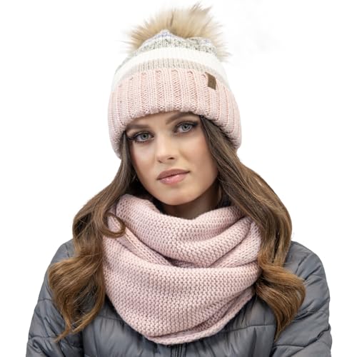 VIVISENCE Modisches Winterset Für Damen Warme Mütze Mit Antistatischem Fleece Und Umweltfreundlichem Bommel Passender Loop-Schal Aus Weichem Garn Perfekt Für Kalte Tage Und, Pink,Einheitsgröße