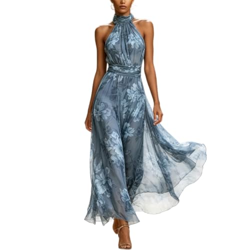 Floral Chiffon Halter Maxi Dress Wedding Guest Dress for Women (X-Large,Light Blue)