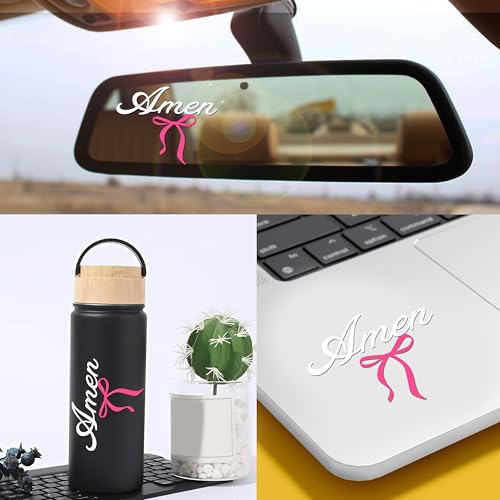 Image of Set 2Pcs Amen and Pink Bow Rearview Mirror Decal - Christian, Catholic Bible Decals, Inspiration Bow Cute, Car Accesories - Water Bottle Window Sticker - Vinyl Waterproof 2x1,5 Inches Stickers