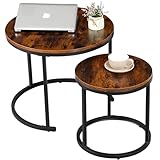 SUPER DEAL Small Round Coffee Tables for Living Room Apartment, Set of 2 Industrial Nesting Side End Table w/Wooden Surface Top and Sturdy Metal Legs Modern Table, Rustic Brown