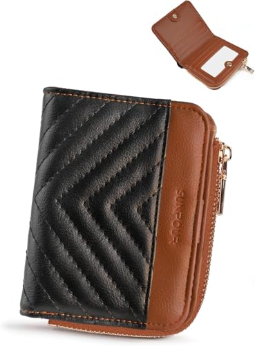 Image of Small Bifold Wallets Woman RFID Mini Wallet for Women Slim Card Holder with Zipper Coin Pocket & 2 ID Windows (Black&Brown)