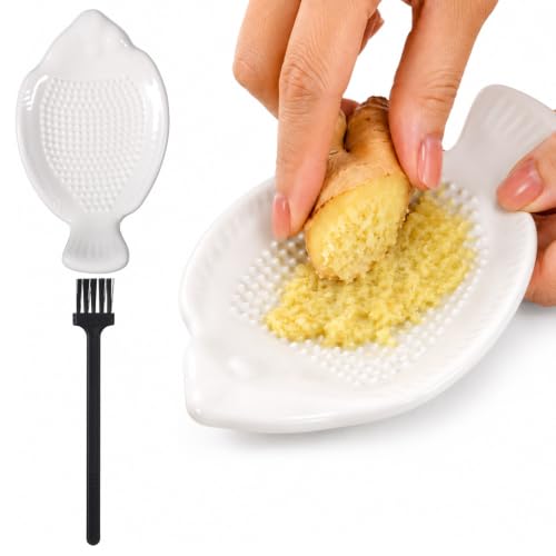 QFGasre Ceramic Grater Ceramic Garlic Plate Ginger Grater Plate for Wasabi Ginger Garlic Cheese Onion Carrot Fruits Vegetables 4.72 Inches Kitchen Grinding Tool with Brush for Home Kitchen Cooking Pre
