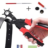 ✅ FÁCIL DE USAR: 1. Elija el tamaño del punzón y gire la rueda hasta tamaño del agujero (Unidireccional). Asegúrese de que la rueda está bien bloqueada en su lugar. 2. Sujete la herramienta suavemente, compruebe y asegúrese de que el punzón golpea la almohadilla de cobre uniformemente sin apertura alguna. 3. Ponga el cuero sobre la almohadilla de cobre o tenga una pieza de deshecho debajo del cuero, agarre la herramienta lo más abajo de las manijas que pueda.