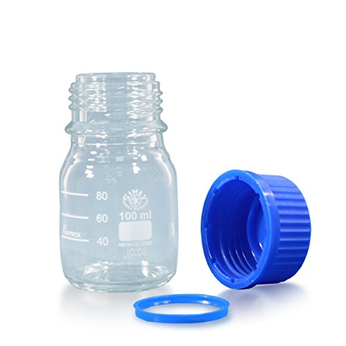 12 x Gewindehalsflasche 100ml aus Borosilikatglas 3.3 inkl. Schraubverschluss und Ausgiessring (blau) - ISO 4796-1 - mit Graduierung, Laborflasche, Weithalsflaschen ***