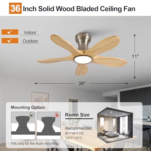 Image of 36 Inch Wood Flush Mount Ceiling Fans with Lights and Remote, Dimmable 5 Blade Wood Bedroom Ceiling Fan Outdoor Ceiling Fans for Patios Low Profile Ceiling Fan with Light for Bedroom Indoor