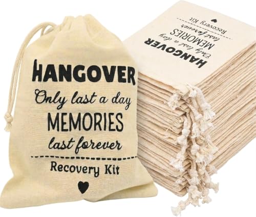 Hangover Kit Bags – “Hangovers Only Last a Day, Memories Are Forever” – Pack of 10 Premium Cotton Drawstring Bags for Bachelorette Party, Bridesmaids, Wedding Welcome & Favor Bags (5x7 Inch)
