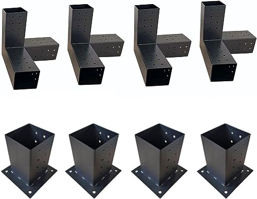 Extension Pergola Bracket 3-Way 90 Corner Carbon Structural Steel Pergola Kit Steel Brackets 4 pcs Support Column Elevated Platform Bracket Angled Vertical Modular (6X6)