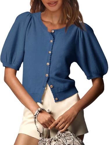 Image of Saodimallsu Womens Puff Short Sleeve Cardigan Lightweight Summer Button Down Shirts Knit Crew Neck Sweater Tops