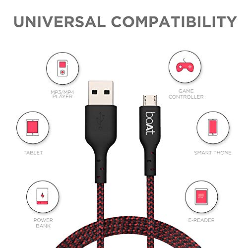 Image of boAt Micro USB 150 Tangle-Free, Sturdy Micro USB Cable with 2A Fast Charging & 480mbps Data Transmission, 10000+ Bends Lifespan & Extended 1.5m Length Black