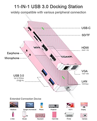 Image of QGeeM USB 3.0 Laptop Docking Station, Triple Display USB Hub Hdmi Splitter Extender Dual Monitor,USB Dock with 2 HDMI,VGA,USB 3.0,Compatible for MacBook M1 M2 M3 M4 Dell HP Lenovo Mac OS-Pink