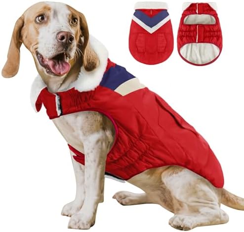 ALAGIRLS Warm Dog Coat, Fleece Lined Dog Jacket, Adjustable Dog Cold Weather Coat Clothes with Leash Hole, Windproof Dog Winter Coat Puppy Vest for Medium Dogs, Red M