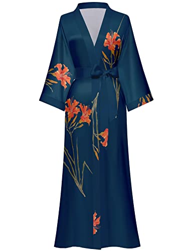 Kihnop Women's Floral Long Kimono - Satin & Silk Robe - Bachelorette Kimono, One Size