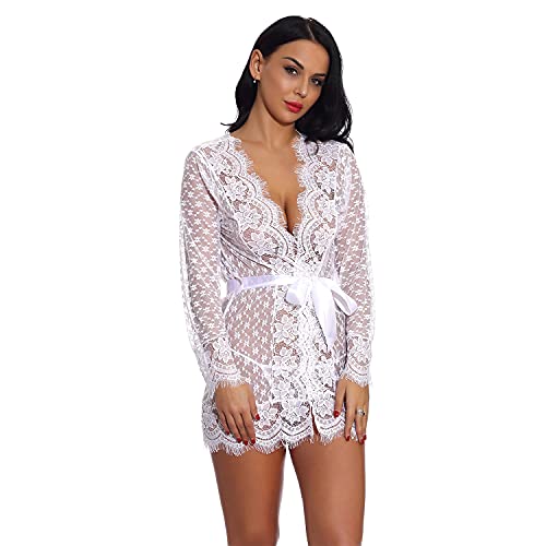 Women's Lace See Through Nightdress Mesh Deep V Sexy Cami Lingerie Nightwear Sheer Babydoll Sleepwear Pajamas with Belt (White,Large)