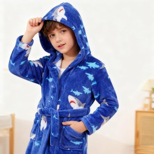 Image of Boys Girls Bathrobes,Toddler Boy Girl Robes,Children's Plush Soft Coral Fleece Hooded Pajamas Sleepwear for Kids