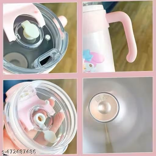 Image of Cute Cartoon Straw Tumbler 860ml with Handle | Doublewall-Reusable Sipper Cup with Lid for Kids & Teens | Lightweight Drinking Mug for Water, Juice & Milk (Purple)