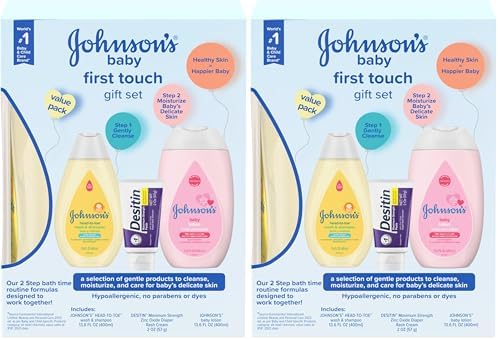 Johnson's First Touch Baby Gift Set, Baby Bath, Skin & Hair Essential Products, Kit for New Parents with Wash & Shampoo, Lotion, & Diaper Rash Cream, Hypoallergenic & Paraben-Free, 4 items (Pack of 2)
