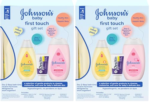 Image of Johnson's First Touch Baby Gift Set, Baby Bath, Skin & Hair Essential Products, Kit for New Parents with Wash & Shampoo, Lotion, & Diaper Rash Cream, Hypoallergenic & Paraben-Free, 4 items (Pack of 2)