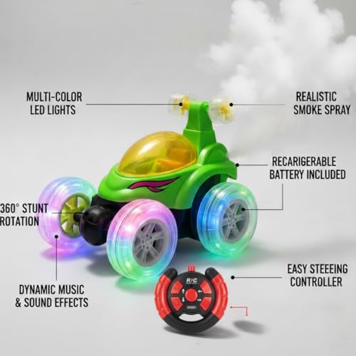 Image of Rechargeable 360 Rotation RC Stunt Car for Kids - Dual-Sided High-Speed Remote Control Car with LED Lights, Mist Spray & Music | Flips, Spins & Drift Toy Vehicle for Boys(stun twith Smoke)