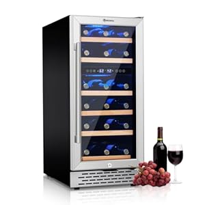 15 Inch Wine Cooler Refrigerator Under Counter, 28 Bottle Dual Zone Wine Fridge, Stainless Steel Built-in/Freestanding Wine Cooler, 40-65°F Tempered Glass Door/Temperature Memory Fit Red & White Wine