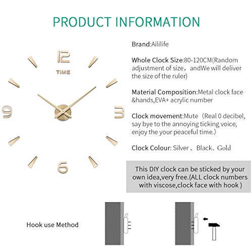 Aililife 3D Diy Wall Clock Decor Sticker Mirror Frameless Large Diy Wall Clock Kit For Home Living Room Bedroom Office Decoration (Gold) #TOP2