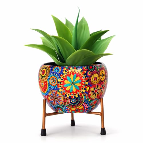 Metal Flower Vase Planter Pot with Iron Stand, Pots for Plants, Designer Mandala Print, Home décor/Office décor/Table Top Pot/Gift Pot/Plant Stand for Outdoor Balcony/Indoor Planter Garden Decor