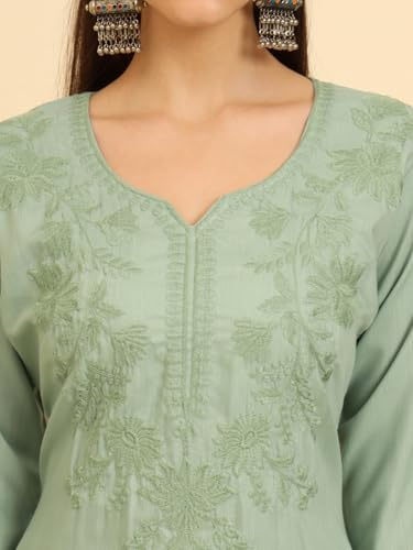 Image of Women's Chikankari-Lucknowi Embroidered Work | 3 /4 Sleeve | Knee Length | Round Neck | Cotton Fabric | Straight Kurta