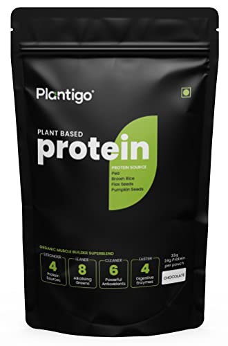 Image of Plantigo Clean Plant Protein Powder | No Preservatives, No Banned Substances | Super Protein Blend - Pea, Brown Rice | Vegan Green Protein For Men, Women (Swiss Chocolate - 36g Travel Pouch | Sachet)