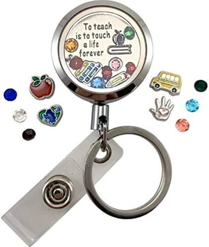 Custom One-Piece Floating Charm Stainless Steel Vessel with Sturdy Screw Top Lid and Key Ring Retractable Heavy Duty Swivel Alligator Clip ID Badge Holder (FC SA Teach)