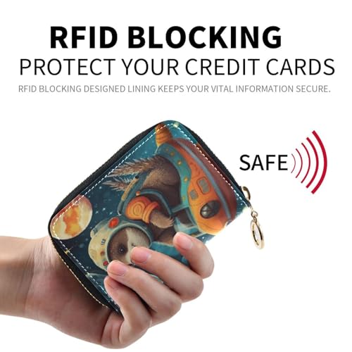 Sloth Space Planet Credit Card Holder, Small RFID Blocking Wallet, Accordion Style Card Case with Key Chain Zipper2