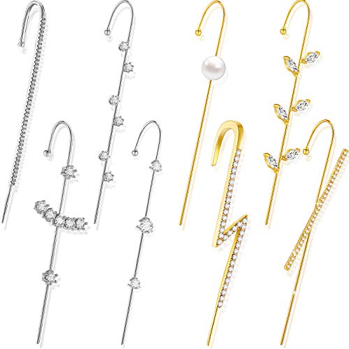 8 Pieces Ear Cuff Wrap Crawler Hook Earrings Ear Studs Alloy Rhinestone Ear Jewelry for Valentine, Gold and Silver (Retro Style)