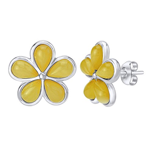 Preisvergleich Produktbild Silber Ohrstecker mit Bernstein gelbe Blume 925 Sterling Silber