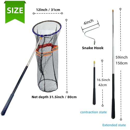 Image of Snake Catcher Net Rattlesnake Grabber Snake Grabber Tool Snake Handling Tools Telescopic Pole Stick with 16.2''-60'' Handle and 11.8'' Net Opening for Reptile Catch Snake Removing Catching