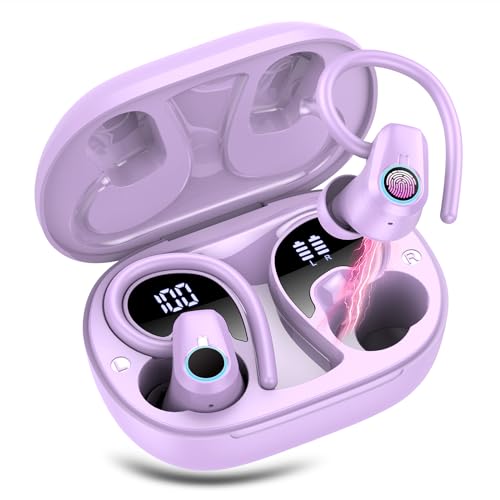 Image of Wireless Earbuds, 2023 Bluetooth Headphones 5.3 Sport, 50H Ear buds with Earhooks, Dual LED Display Bluetooth Earbuds, Deep Bass Stereo Noise Cancelling Headphones, IP7 Waterproof Earphones, Purple