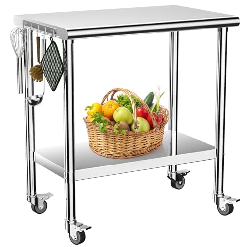 Image of Stainless Steel Table 24x36 Inch Double Tier Prep Table with Locking Casters - Heavy Duty NSF Metal Work Tables, Kitchen Island, Outdoor Workbench for Commercial Kitchen, Home, Garage & BBQ