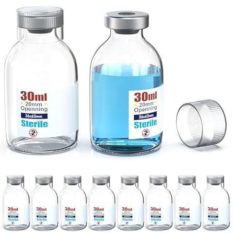Biomed Solutions Sterylna pusta fiolka z pokrywką z tworzywa sztucznego wielokrotnego użytku, gotowa do napełniania szklanych pojemników, butelka do wstrzykiwania płynu, uszczelniona samoregenerującym