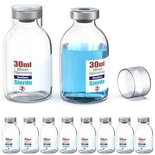 Biomed Solutions Sterylna pusta fiolka z pokrywką z tworzywa sztucznego wielokrotnego użytku, gotowa do napełniania szklanych pojemników, butelka do wstrzykiwania płynu, uszczelniona samoregenerującym