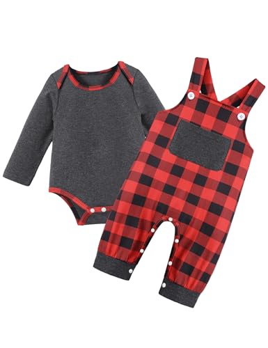 Image of BAVADER Baby Boy Clothes Long Sleeve Animal Plaid Romper + Overalls Infant Boy Clothes 2PCS Fall Winter Outfits