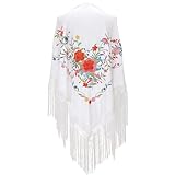 Wildarms Mantón de Sevillana Bordado con Flecos para Flamenco Feria Disfraz Baile Tradicional Mujer (BLANCO CON FLORES, XL)