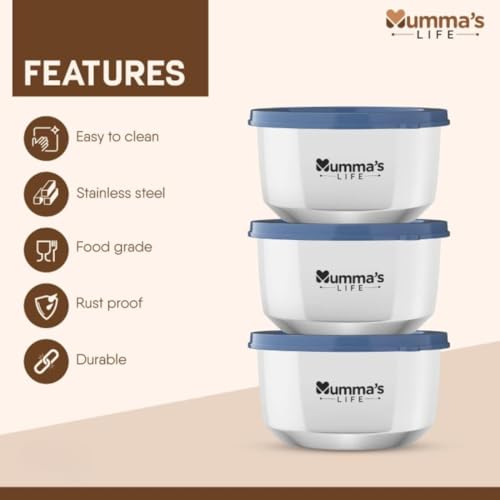 Image of Mumma's LIFE Stainless Steel Lunch Box with 3 Leakproof Air-Tight Stainless Steel Round Containers and Cover Bag | Stainless Steel & Spill Proof Lunch Box (Kuku 600mlx2 & 425x1)