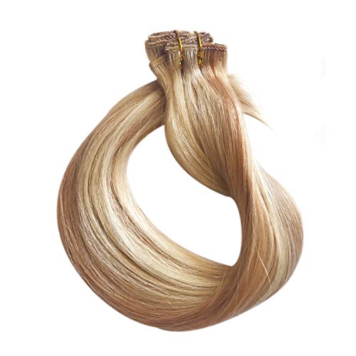 Blonde Highlights Clip in Hair Extensions Human Hair Real Remy Hair Extensions Clip on Double Weft Full Head Silky Straight Strawberry Blonde with 613 Bleach Blonde Highlights 70g 7pcs 16 Clips 15"