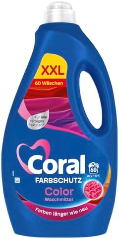 Coral Farbschutz Color Waschmittel XXL 60 WL | Farbige Textilien, länger strahlende Farben, Farbpflege-Enzyme natürlicher Herkunft, 60 WL, Flüssigwaschmittel