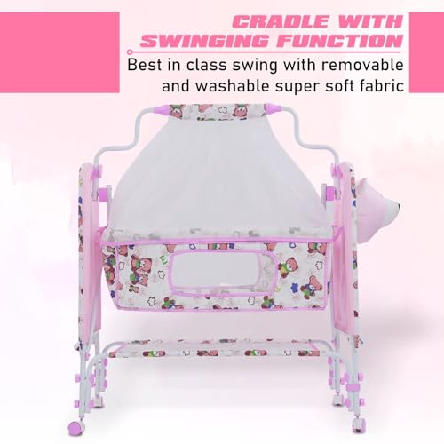 Image of PANDAORIGINALS Jumbo Baby Cradle|Soft Cushion Baby Jhula /Paalna Cute cot with Mosquito Net for 0-9 Months Boys and Girls Super Strong Soft Cushion and Swing Lock Function (Panda Pink)