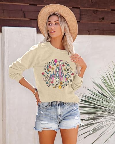 Sfhfy Magic Kingdom Sweatshirt Women Magical Castle Graphic Pullover Shirts Family Vacation Casual Long Sleeve Tops Apricot thumb #1