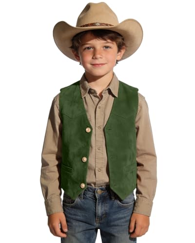 Image of Retro Boys Western Cowboy Vest for Kids Leather Suede Waistcoat | vintage dress vests, welt pockets, v-neck, adjustable waist, formal slim fit, wedding outfit, farm christmas birthday prom